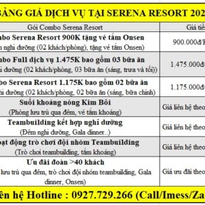 Bảng giá dịch vụ tại Serena Resort năm 2025